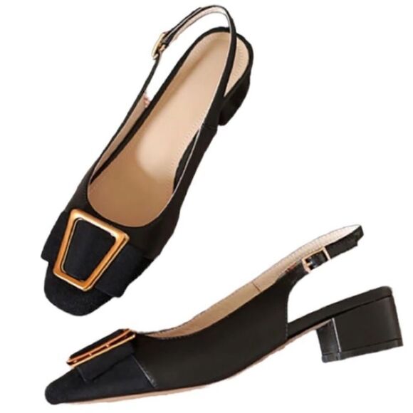 None Shoes - Black and Gold Minimalist Career Block Heels Squared Toe Slingback Shoes